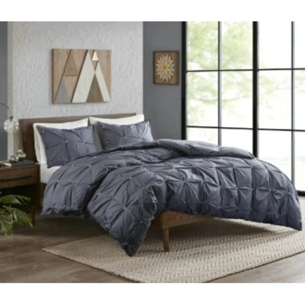 Ink+Ivy Masie King/Cal King Duvet Cover Set 3pc Navy Blue 100% Cotton Pintuck